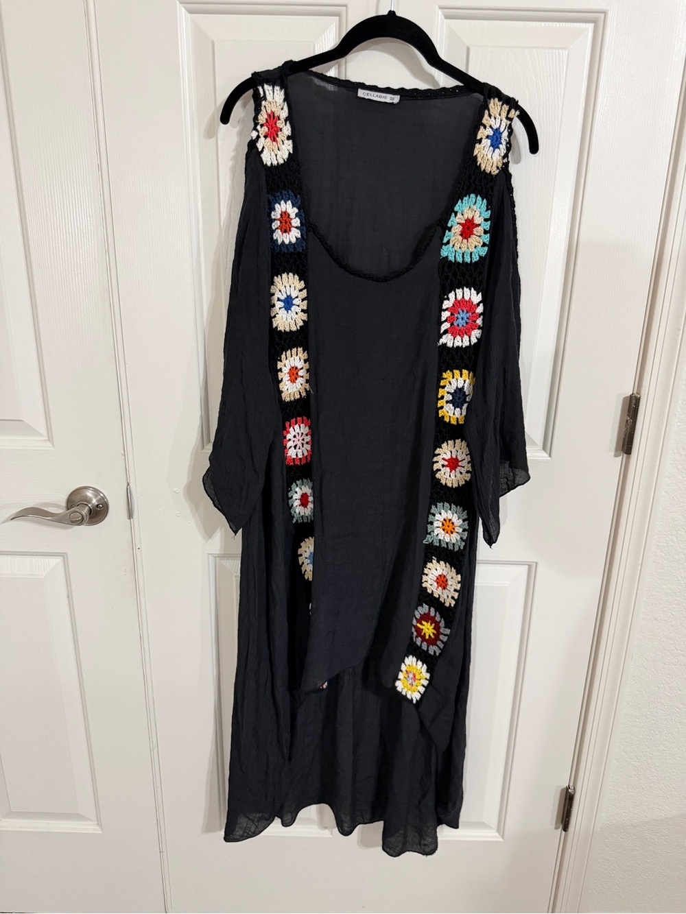 Cellabie One Size Black Crochet Granny Square Boho High Low Maxi Dress